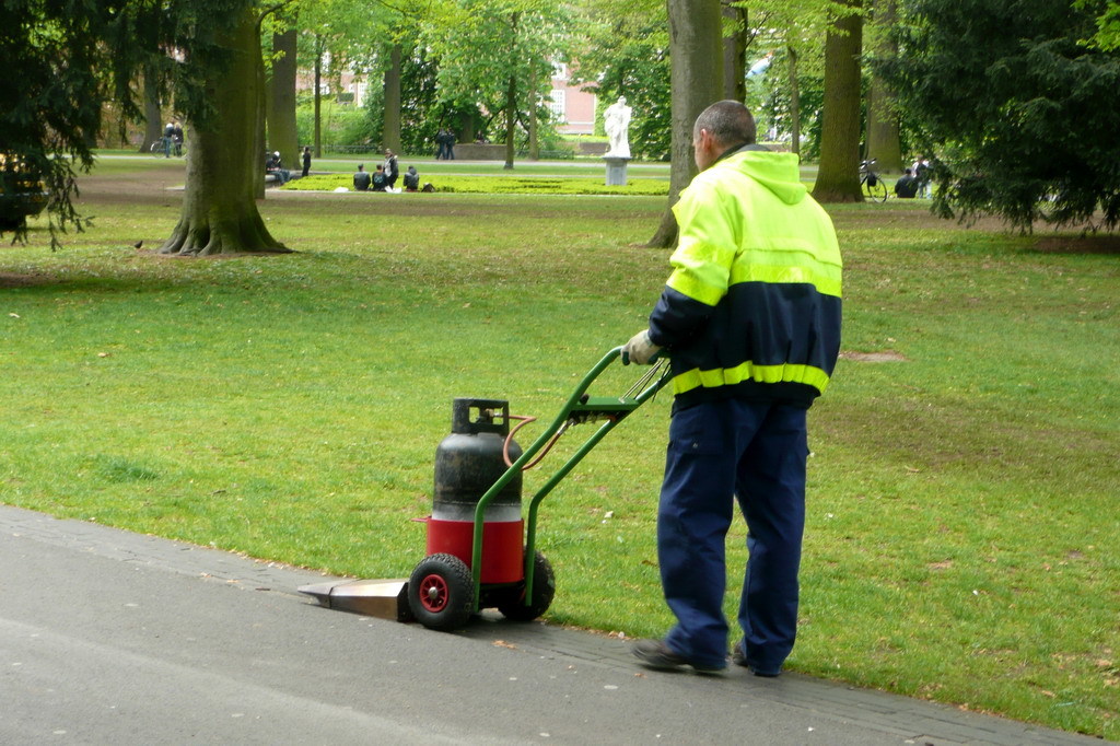 Grünflächenpflege im Stadtpark in Warnkleidung
